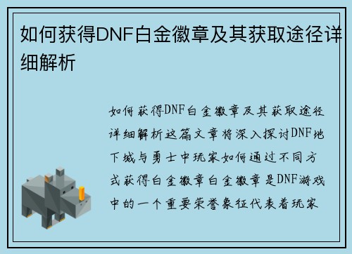 如何获得DNF白金徽章及其获取途径详细解析
